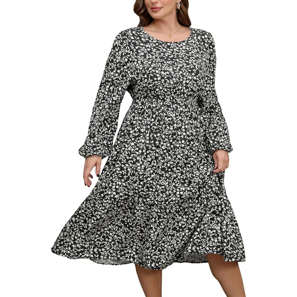 Black White Floral Long Sleeve Midi‎ Dress